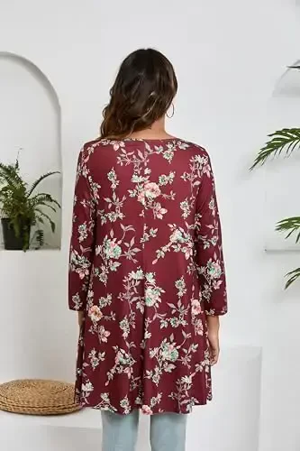 ENMAIN Women's Tops 3/4 Sleeve Dressy Casual Plus Size Tunic Tops to Wear with Leggings Swing Flare T-Shirt Loose Fit Blouses - 3