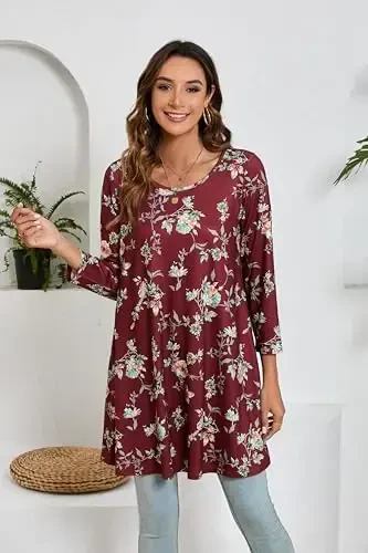 ENMAIN Women's Tops 3/4 Sleeve Dressy Casual Plus Size Tunic Tops to Wear with Leggings Swing Flare T-Shirt Loose Fit Blouses - 5