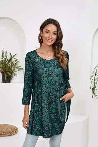 ENMAIN Women's Tops 3/4 Sleeve Dressy Casual Plus Size Tunic Tops to Wear with Leggings Swing Flare T-Shirt Loose Fit Blouses - 2