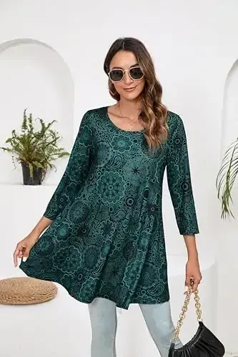 ENMAIN Women's Tops 3/4 Sleeve Dressy Casual Plus Size Tunic Tops to Wear with Leggings Swing Flare T-Shirt Loose Fit Blouses - 3