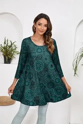 ENMAIN Women's Tops 3/4 Sleeve Dressy Casual Plus Size Tunic Tops to Wear with Leggings Swing Flare T-Shirt Loose Fit Blouses - 4