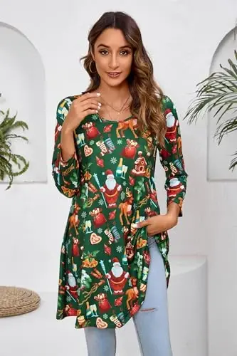 ENMAIN Женские топы 3/4 рукава Нарядные повседневные туники больших размеров для ношения с леггинсами Свободная расклешенная футболка Свободные блузки - 2