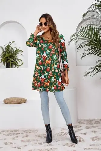 ENMAIN Женские топы 3/4 рукава Нарядные повседневные туники больших размеров для ношения с леггинсами Свободная расклешенная футболка Свободные блузки - 6