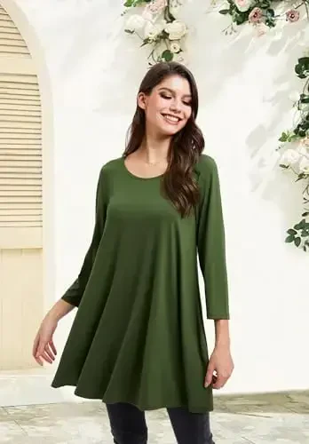 ENMAIN Женские топы 3/4 рукава Нарядные повседневные туники больших размеров для ношения с леггинсами Свободная расклешенная футболка Свободные блузки - 4