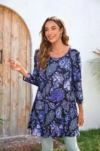 ENMAIN Women's Tops 3/4 Sleeve Dressy Casual Plus Size Tunic Tops to Wear with Leggings Swing Flare T-Shirt Loose Fit Blouses - 2