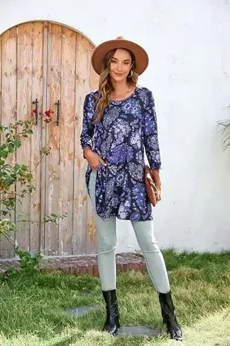 ENMAIN Women's Tops 3/4 Sleeve Dressy Casual Plus Size Tunic Tops to Wear with Leggings Swing Flare T-Shirt Loose Fit Blouses - 5