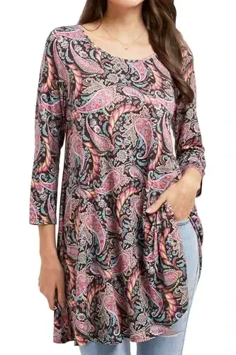 ENMAIN Women's Tops 3/4 Sleeve Dressy Casual Plus Size Tunic Tops to Wear with Leggings Swing Flare T-Shirt Loose Fit Blouses - MODAZONE