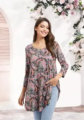 ENMAIN Women's Tops 3/4 Sleeve Dressy Casual Plus Size Tunic Tops to Wear with Leggings Swing Flare T-Shirt Loose Fit Blouses - 4