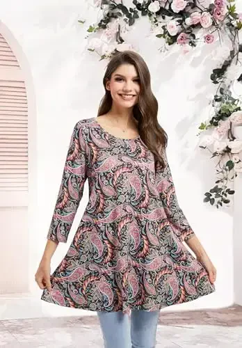 ENMAIN Women's Tops 3/4 Sleeve Dressy Casual Plus Size Tunic Tops to Wear with Leggings Swing Flare T-Shirt Loose Fit Blouses - 5
