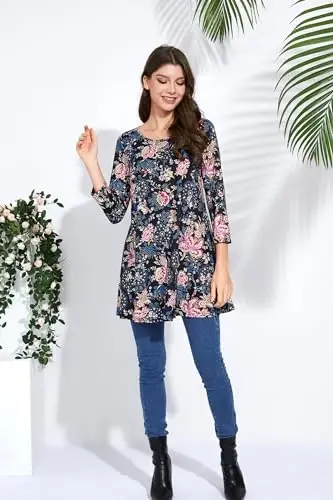 ENMAIN Женские топы с рукавом 3/4, элегантные повседневные туники больших размеров для ношения с леггинсами, расклешенная футболка, блузки свободного кроя - 6