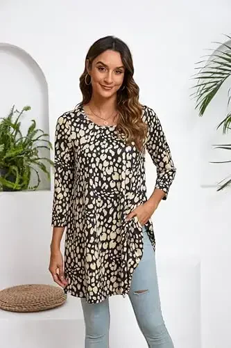ENMAIN Women's Tops 3/4 Sleeve Dressy Casual Plus Size Tunic Tops to Wear with Leggings Swing Flare T-Shirt Loose Fit Blouses - MODAZONE (1)