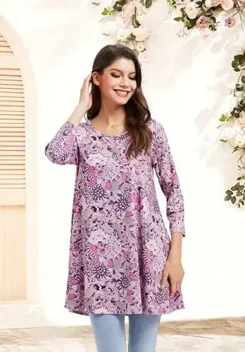 ENMAIN Women's Tops 3/4 Sleeve Dressy Casual Plus Size Tunic Tops to Wear with Leggings Swing Flare T-Shirt Loose Fit Blouses - MODAZONE (1)