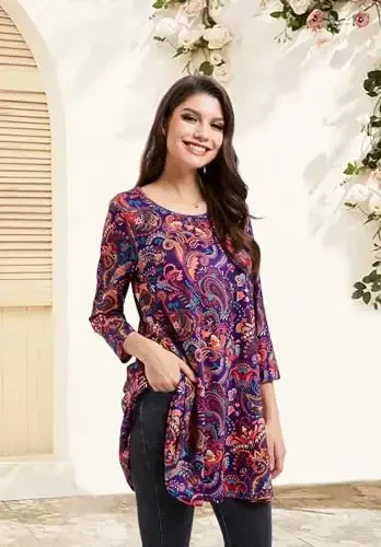 ENMAIN Women's Tops 3/4 Sleeve Dressy Casual Plus Size Tunic Tops to Wear with Leggings Swing Flare T-Shirt Loose Fit Blouses - 5