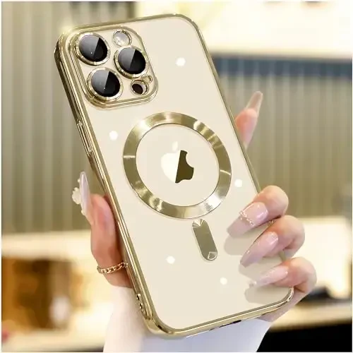 Waldeng for iPhone 15 Pro Max Case with Integrated Camera Lens Protection, [Seamless Work with Magsafe] [Metallic Glossy Soft Bumper], Diamond Clear Stylish Case for iPhone 15 ProMax, Gold Titanium - WALDENG