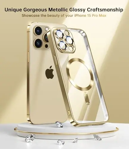 Waldeng for iPhone 15 Pro Max Case with Integrated Camera Lens Protection, [Seamless Work with Magsafe] [Metallic Glossy Soft Bumper], Diamond Clear Stylish Case for iPhone 15 ProMax, Gold Titanium - 3