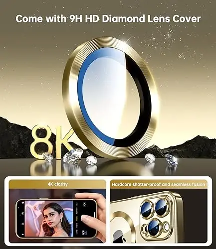 Waldeng for iPhone 15 Pro Max Case with Integrated Camera Lens Protection, [Seamless Work with Magsafe] [Metallic Glossy Soft Bumper], Diamond Clear Stylish Case for iPhone 15 ProMax, Gold Titanium - 4