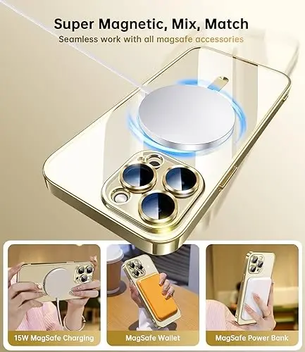 Waldeng for iPhone 15 Pro Max Case with Integrated Camera Lens Protection, [Seamless Work with Magsafe] [Metallic Glossy Soft Bumper], Diamond Clear Stylish Case for iPhone 15 ProMax, Gold Titanium - 5