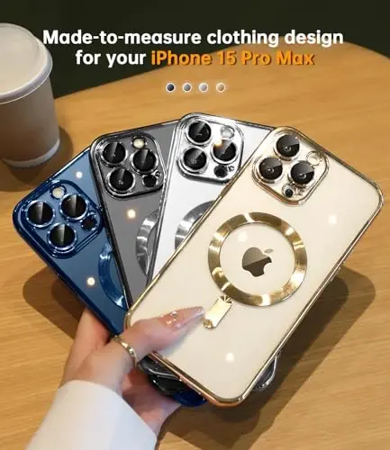 Waldeng for iPhone 15 Pro Max Case with Integrated Camera Lens Protection, [Seamless Work with Magsafe] [Metallic Glossy Soft Bumper], Diamond Clear Stylish Case for iPhone 15 ProMax, Gold Titanium - 6