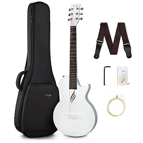 Enya Nova Go Karbon Fiber Akustik Gitar 1/2 Ölçüsü Yeni Başlayanlar Yetişkinler Seyahat Acustica Guitarra, Renkli Ambalaj, Akustik Gitar Kayışı, Gig Çantası, Temizlik Bezi, Tel (Beyaz) - 1