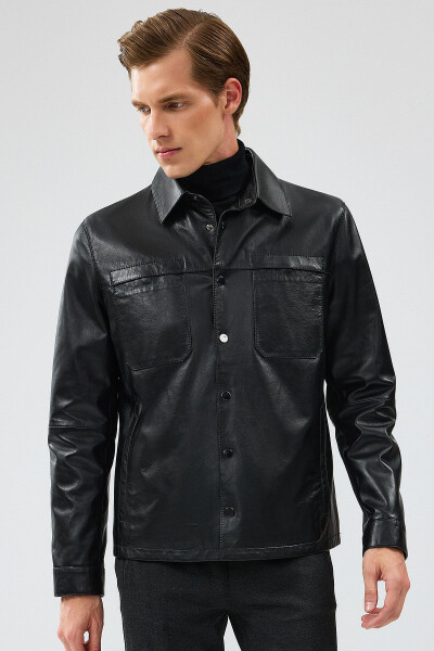 Enzo Men's Black Shirt Collar Leather Jacket 24SGE65241M - 14