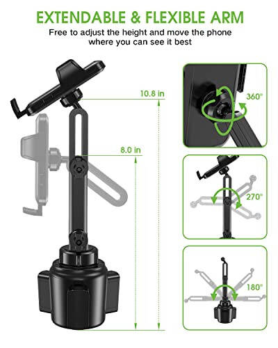 EOCAHO 2025 Upgraded Cup Phone Holder for Car, Universal No Shaking Cup Holder Phone Mount with Expandable Base for Car Truck, Adjustable Holders,Compatible with iPhone Samsung All Phones: 1 Pack - 6