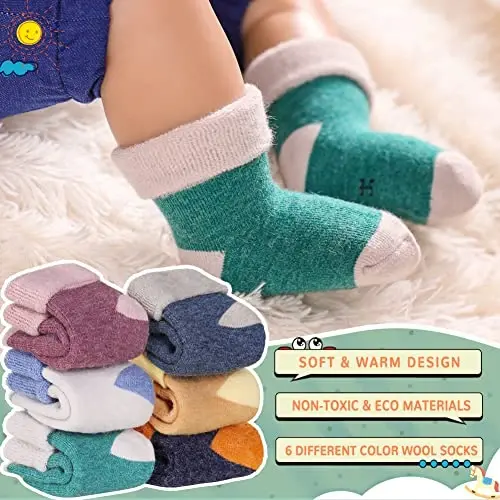 Eocom 6 Pairs Baby Boys Girls Wool Socks Infant Toddlers Kids Unisex Winter Thick Soft Warm Thermal Crew Socks - 2