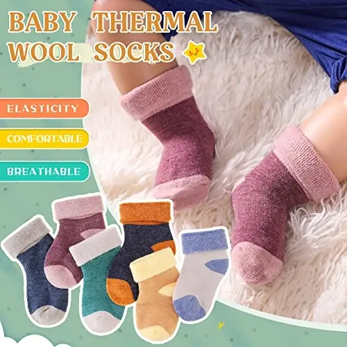 Eocom 6 Pairs Baby Boys Girls Wool Socks Infant Toddlers Kids Unisex Winter Thick Soft Warm Thermal Crew Socks - 4