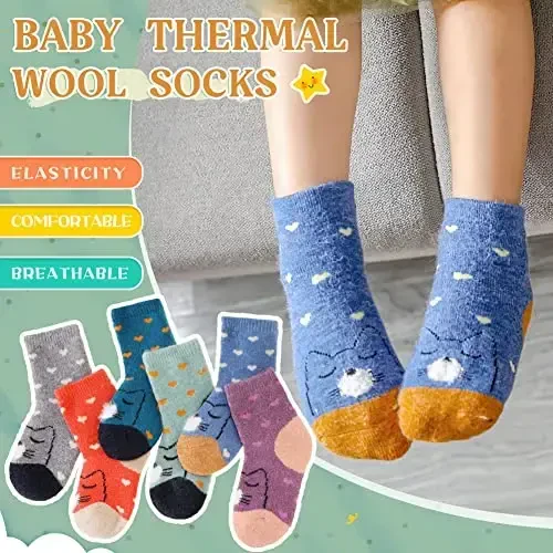 Eocom 6 Pairs Baby Boys Girls Wool Socks Infant Toddlers Kids Unisex Winter Thick Soft Warm Thermal Crew Socks - 4