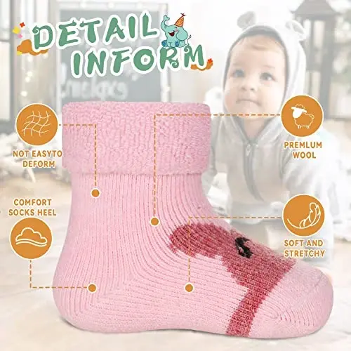 Eocom 6 Pairs Baby Boys Girls Wool Socks Infant Toddlers Kids Unisex Winter Thick Soft Warm Thermal Crew Socks - 5