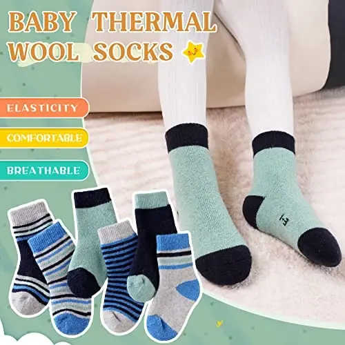 Eocom 6 Pairs Baby Boys Girls Wool Socks Infant Toddlers Kids Unisex Winter Thick Soft Warm Thermal Crew Socks - 4