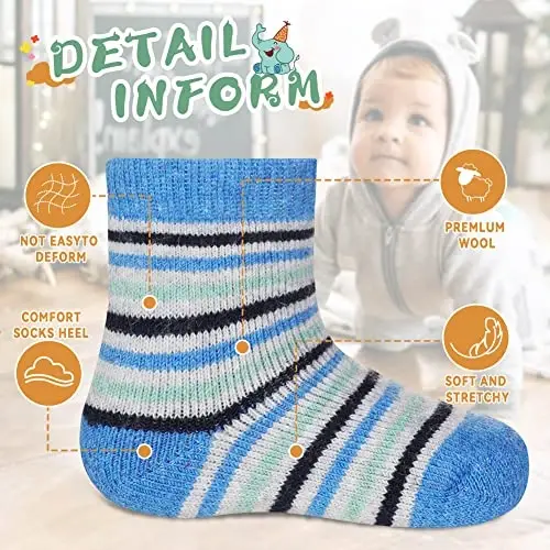 Eocom 6 Pairs Baby Boys Girls Wool Socks Infant Toddlers Kids Unisex Winter Thick Soft Warm Thermal Crew Socks - 5