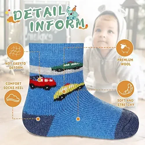 Eocom 6 Pairs Baby Boys Girls Wool Socks Infant Toddlers Kids Unisex Winter Thick Soft Warm Thermal Crew Socks - 5