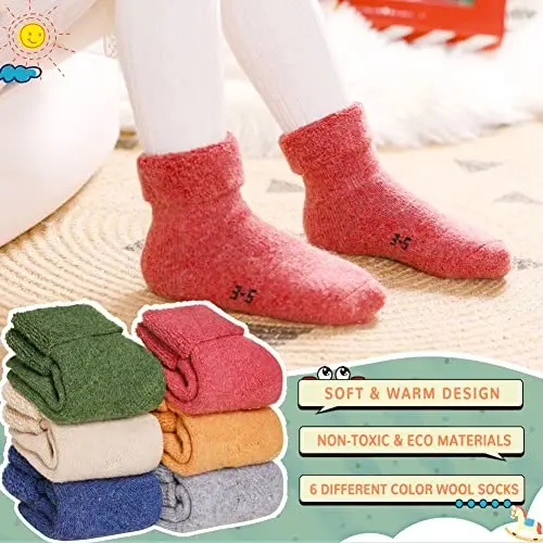 Eocom 6 Pairs Baby Boys Girls Wool Socks Infant Toddlers Kids Unisex Winter Thick Soft Warm Thermal Crew Socks - 2