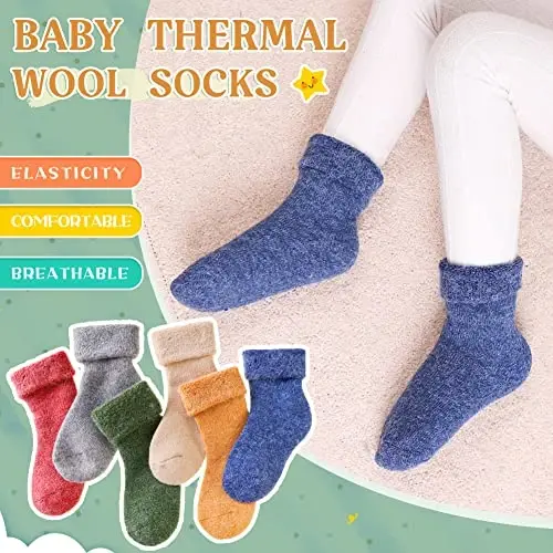 Eocom 6 Pairs Baby Boys Girls Wool Socks Infant Toddlers Kids Unisex Winter Thick Soft Warm Thermal Crew Socks - 4
