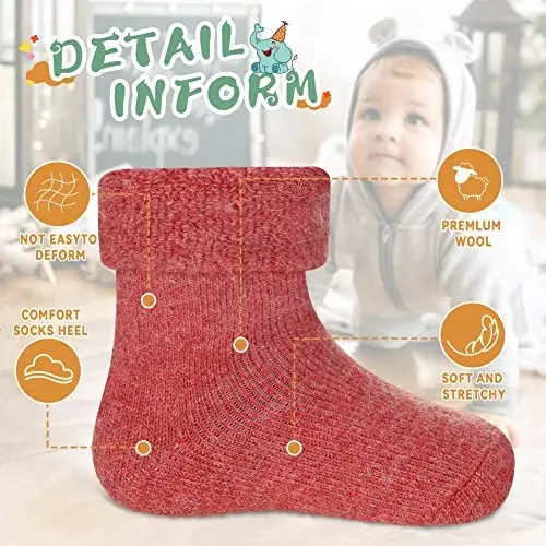 Eocom 6 Pairs Baby Boys Girls Wool Socks Infant Toddlers Kids Unisex Winter Thick Soft Warm Thermal Crew Socks - 5