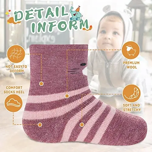 Eocom 6 Pairs Baby Boys Girls Wool Socks Infant Toddlers Kids Unisex Winter Thick Soft Warm Thermal Crew Socks - 5