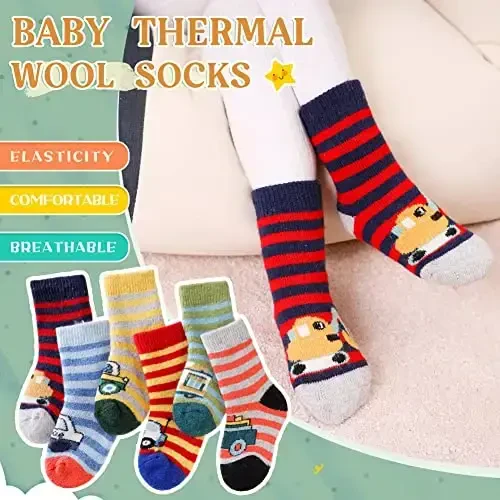 Eocom 6 Pairs Baby Boys Girls Wool Socks Infant Toddlers Kids Unisex Winter Thick Soft Warm Thermal Crew Socks - 4