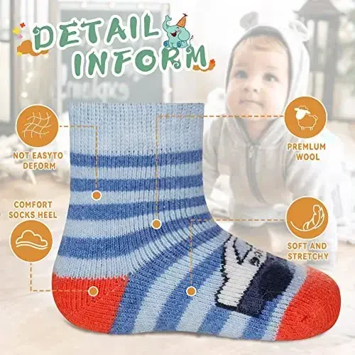 Eocom 6 Pairs Baby Boys Girls Wool Socks Infant Toddlers Kids Unisex Winter Thick Soft Warm Thermal Crew Socks - 5