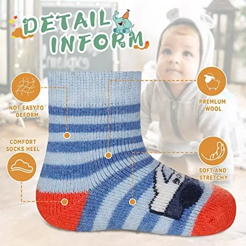 Eocom 6 Pairs Baby Boys Girls Wool Socks Infant Toddlers Kids Unisex Winter Thick Soft Warm Thermal Crew Socks - 5
