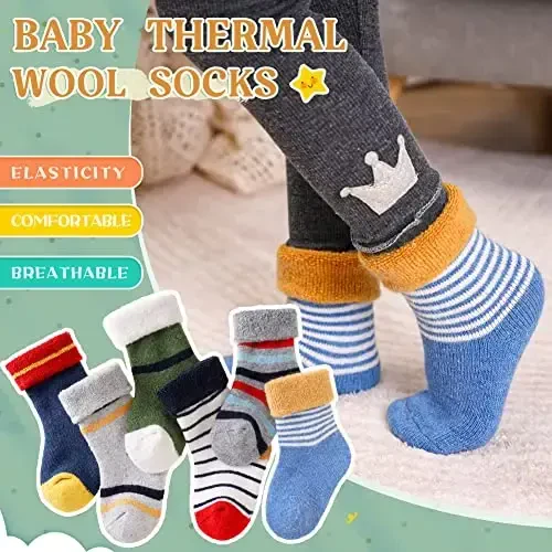 Eocom 6 Pairs Baby Boys Girls Wool Socks Infant Toddlers Kids Unisex Winter Thick Soft Warm Thermal Crew Socks - 4