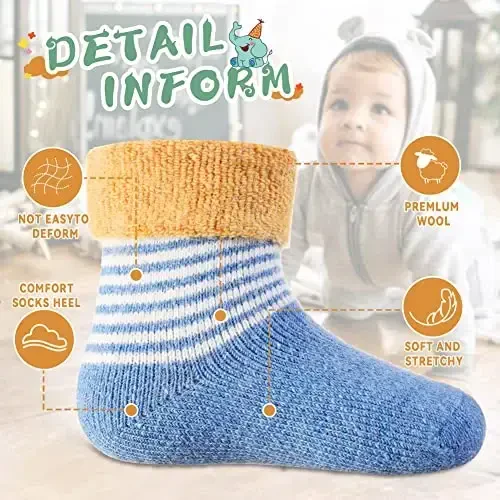 Eocom 6 Pairs Baby Boys Girls Wool Socks Infant Toddlers Kids Unisex Winter Thick Soft Warm Thermal Crew Socks - 5