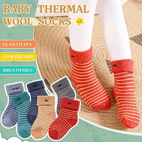 Eocom 6 Pairs Baby Boys Girls Wool Socks Infant Toddlers Kids Unisex Winter Thick Soft Warm Thermal Crew Socks - 4