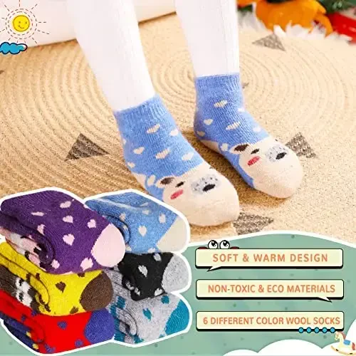 Eocom 6 Pairs Baby Boys Girls Wool Socks Infant Toddlers Kids Unisex Winter Thick Soft Warm Thermal Crew Socks - 2