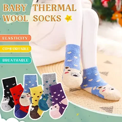 Eocom 6 Pairs Baby Boys Girls Wool Socks Infant Toddlers Kids Unisex Winter Thick Soft Warm Thermal Crew Socks - 4