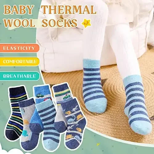 Eocom 6 Pairs Baby Boys Girls Wool Socks Infant Toddlers Kids Unisex Winter Thick Soft Warm Thermal Crew Socks - 4