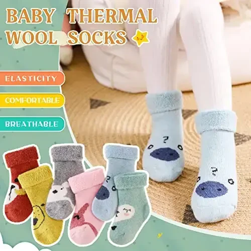 Eocom 6 Pairs Baby Boys Girls Wool Socks Infant Toddlers Kids Unisex Winter Thick Soft Warm Thermal Crew Socks - 4