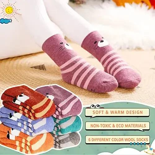 Eocom 6 Pairs Baby Boys Girls Wool Socks Infant Toddlers Kids Unisex Winter Thick Soft Warm Thermal Crew Socks - 2