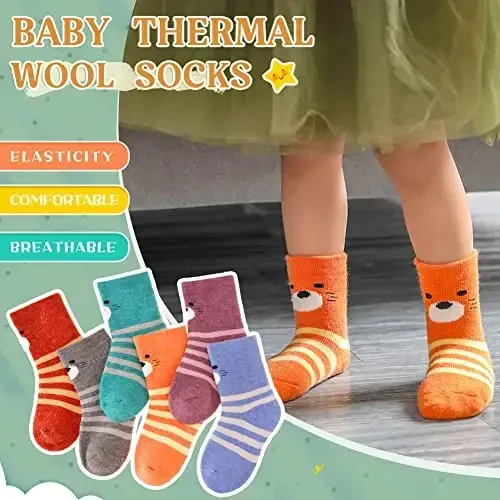 Eocom 6 Pairs Baby Boys Girls Wool Socks Infant Toddlers Kids Unisex Winter Thick Soft Warm Thermal Crew Socks - 4