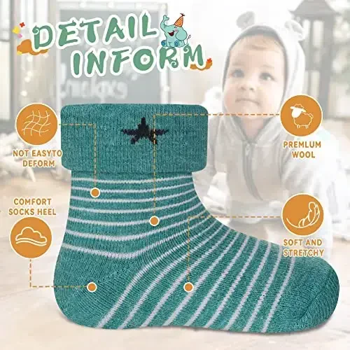 Eocom 6 Pairs Baby Boys Girls Wool Socks Infant Toddlers Kids Unisex Winter Thick Soft Warm Thermal Crew Socks - 5