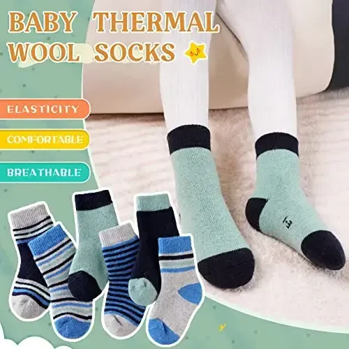 Eocom 6 Pairs Baby Boys Girls Wool Socks Infant Toddlers Kids Unisex Winter Thick Soft Warm Thermal Crew Socks - 4